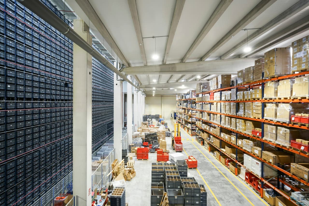 Shelving and boxed stock in a warehouse